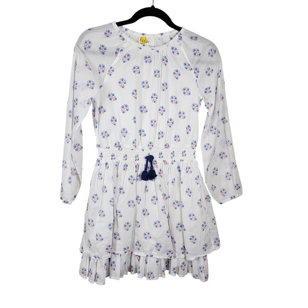 Mini Boden girl 11-12 dress white floral smocked waist long sleeve